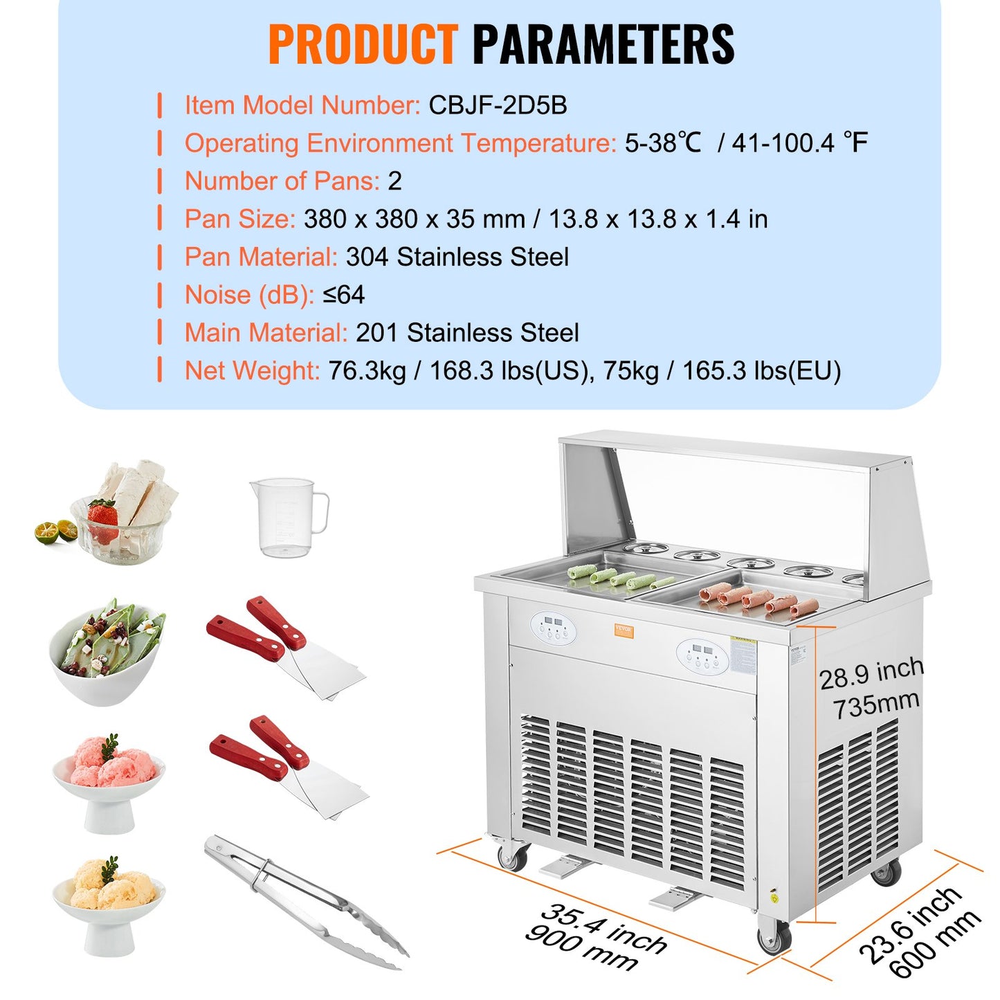 Fried Ice Cream Roll Machine, 2Pcs 13.8" x 13.8" Square Stir-Fried Ice Cream Pans, Stainless Steel Commercial Rolled Ice Cream Maker with Compressor and 4 Scrapers, for Ice Cream, Frozen Yogurt
