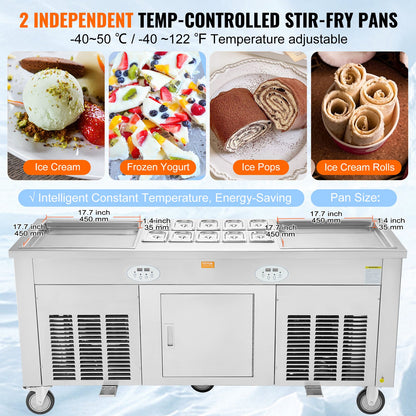 Fried Ice Cream Roll Machine, 2Pcs 17.7" x 17.7" Square Stir-Fried Ice Cream Pans, Stainless Steel Commercial Rolled Ice Cream Maker with Compressor and 4 Scrapers, for Ice Cream, Frozen Yogurt