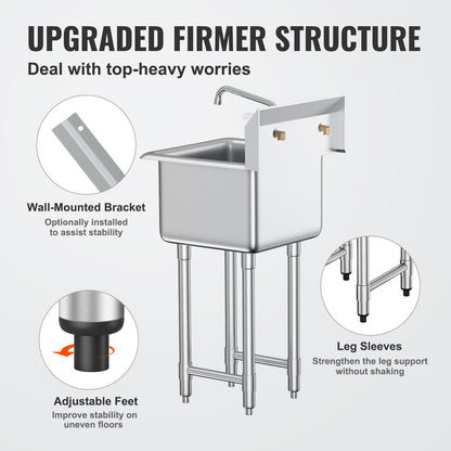 Stainless Steel Prep & Utility Sink, 1 Compartment Free Standing Small Sink Include Faucet & legs, 18"x41" Commercial Single Bowl Sinks for Garage, Restaurant, Kitchen, Laundry