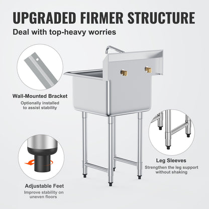 Stainless Steel Prep & Utility Sink, 1 Compartment Free Standing Small Sink Include Faucet & legs, 21"x41" Commercial Single Bowl Sinks for Garage, Restaurant, Kitchen, Laundry