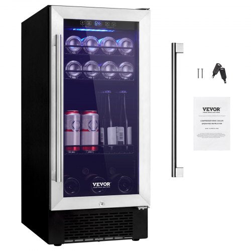 Wine Cooler, 96 Cans Capacity Under Counter Built-in or Freestanding Wine Refrigerator, Beverage Cooler with Blue LED Light, Single Door, Child Lock for Drink Beer Soda Wine Water, ETL Listed