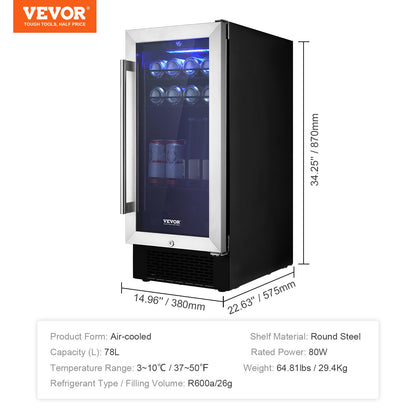 Wine Cooler, 96 Cans Capacity Under Counter Built-in or Freestanding Wine Refrigerator, Beverage Cooler with Blue LED Light, Single Door, Child Lock for Drink Beer Soda Wine Water, ETL Listed