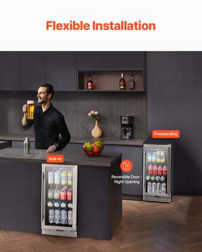 Beverage Refrigerator Cooler, 88 Can Beverage Fridge, Mini Fridge with Glass Door, Adjustable Shelves, Digital Temperature Control, Built-in or Freestanding Soda Beer Fridge for Home Office Bar