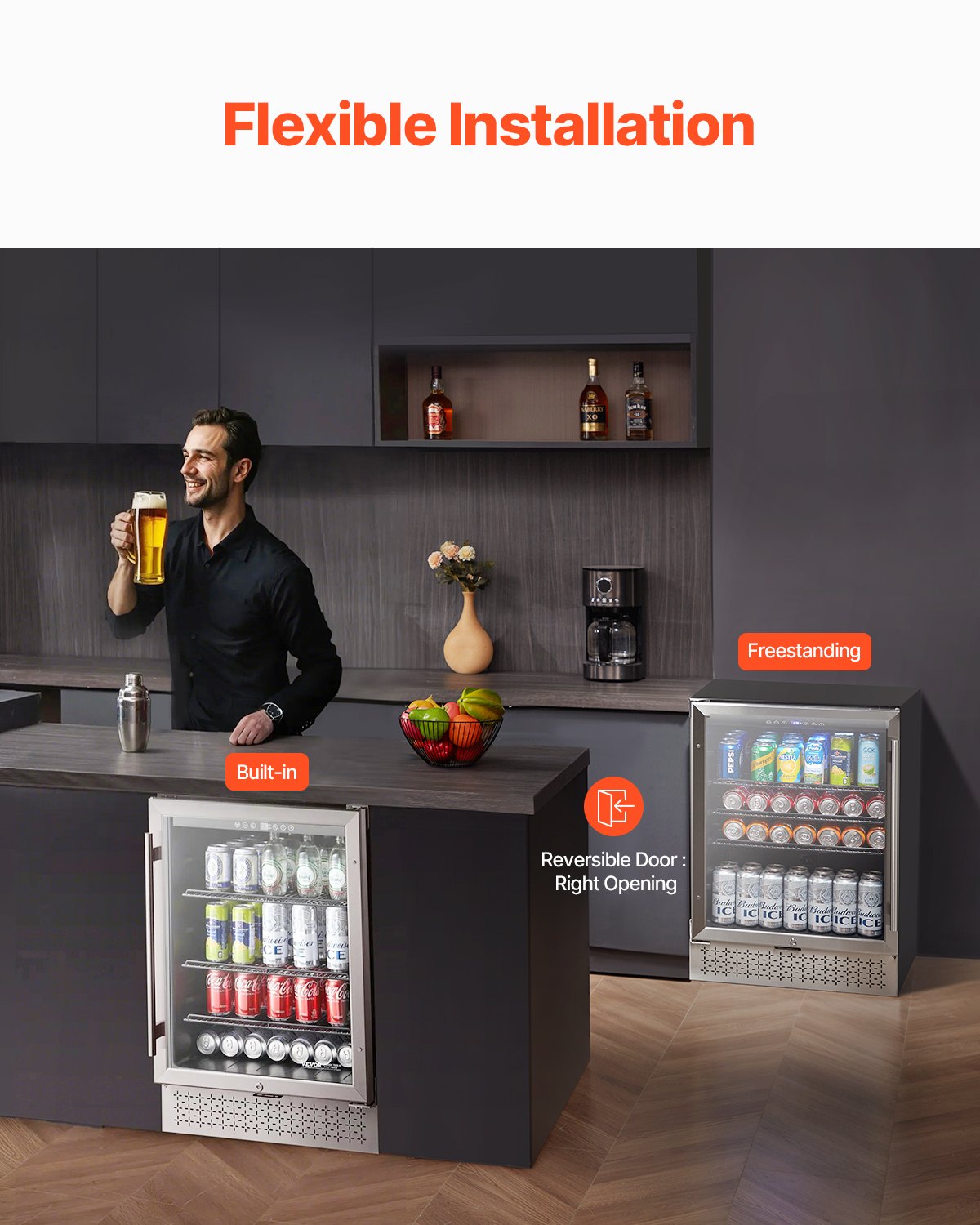 Beverage Refrigerator Cooler, 154 Can Beverage Fridge, Mini Fridge with Glass Door, Adjustable Shelves, Digital Temperature Control, Built-in & Freestanding Soda Beer Fridge for Home Office Bar