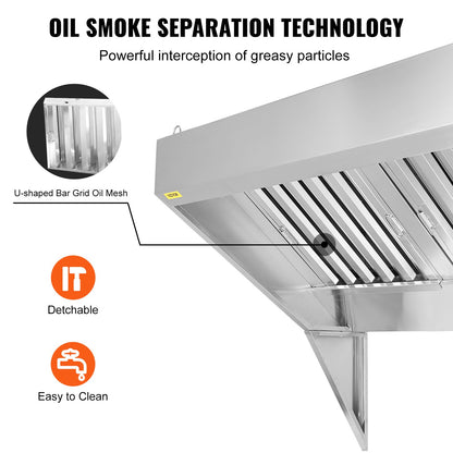 Commercial Exhaust Hood, 4FT Food Truck Hood Exhaust, 201 Stainless Steel Concession Trailer Hood with 2 Removable U-Shaped Grids Oil Filter Mesh, Rust-Resistant Vent Cover for Kitchen Restaurant