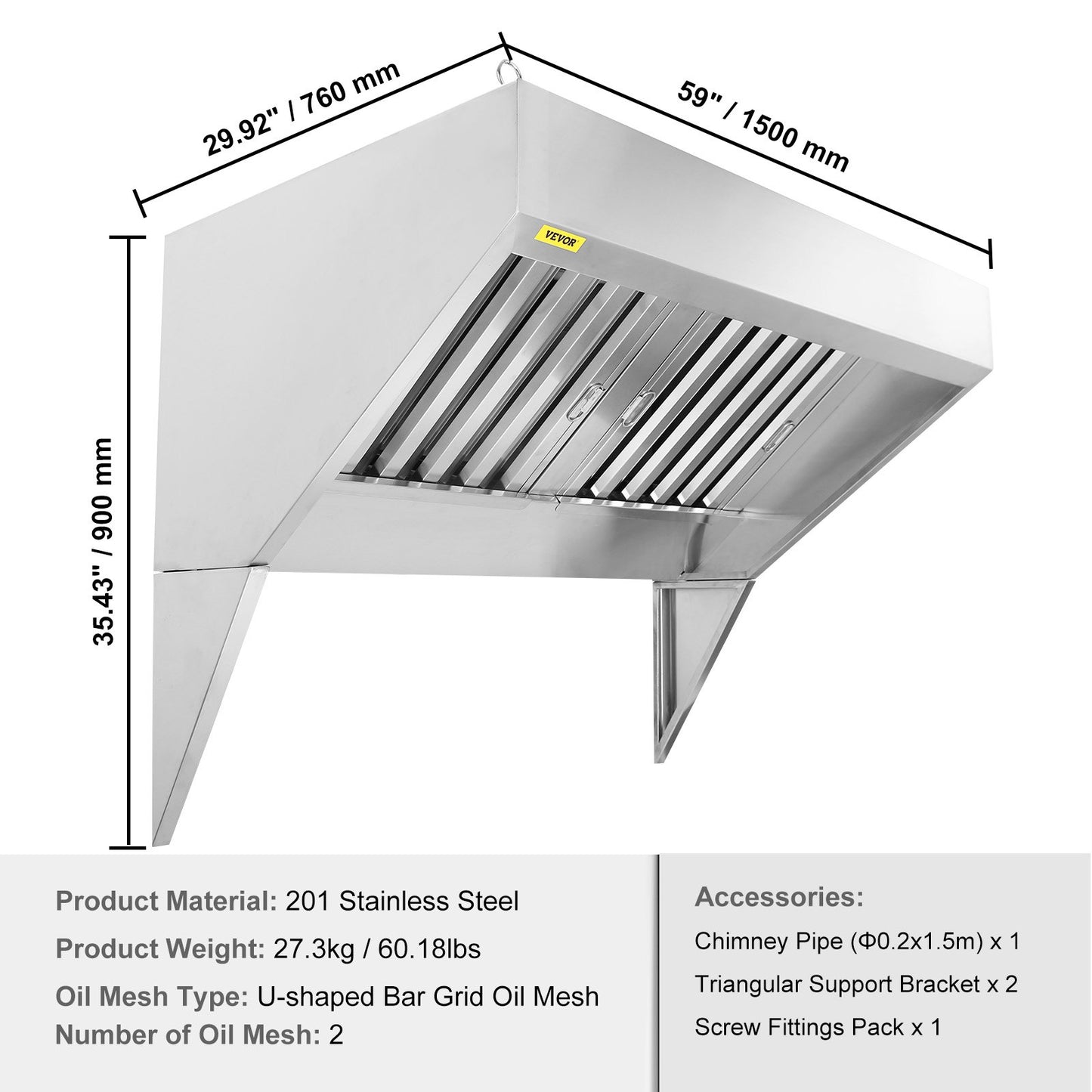 Commercial Exhaust Hood, 5FT Food Truck Hood Exhaust System, 201 Stainless Steel Concession Truck Hood with 2 Removable U-Shaped Grids Oil Filter Mesh, Rust-Resistant Vent Cover for Kitchen Restaurant