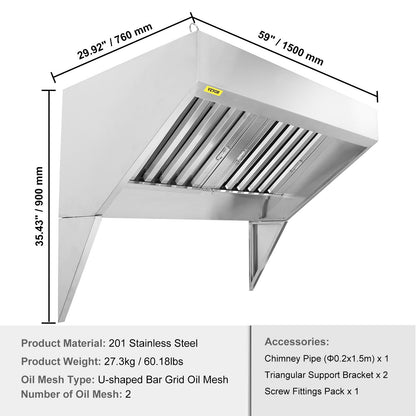 Commercial Exhaust Hood, 5FT Food Truck Hood Exhaust System, 201 Stainless Steel Concession Truck Hood with 2 Removable U-Shaped Grids Oil Filter Mesh, Rust-Resistant Vent Cover for Kitchen Restaurant