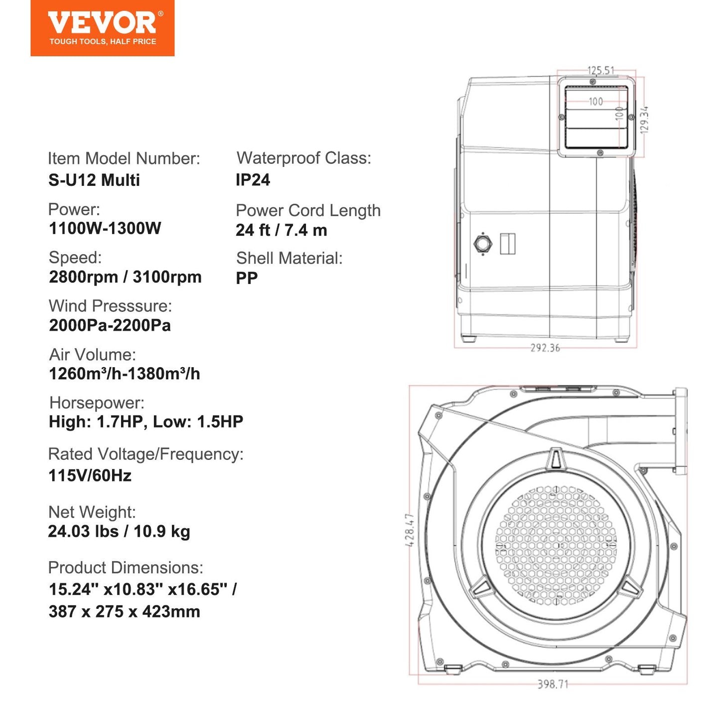 Inflatable Blower, 1100W, 1.5 & 1.7 HP Bounce House Blower, Pump Commercial Air Blower for Inflatables, 3100 RPM Bouncy Castle Electric Fan for Bounce House, Waterslides, Tested to UL Standards