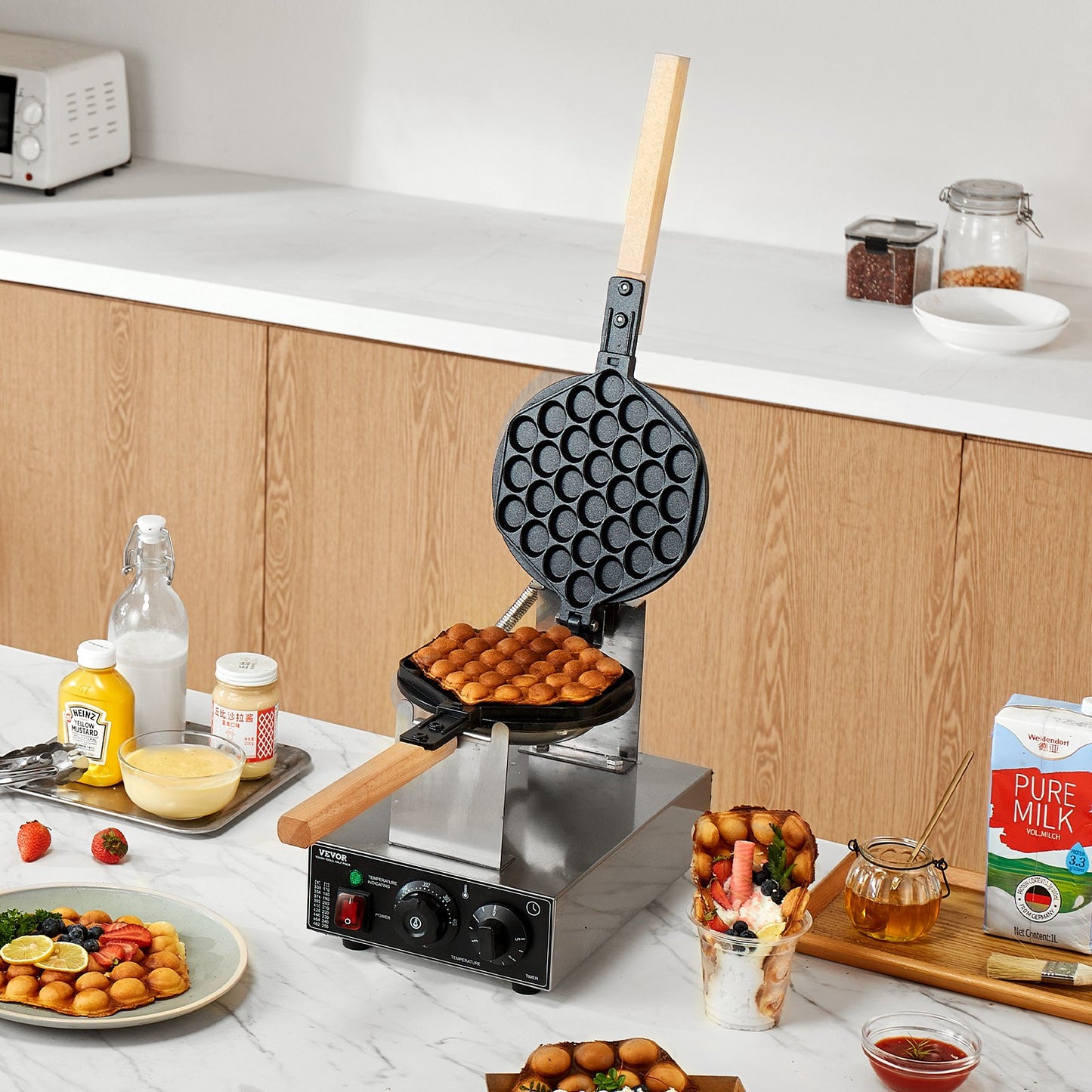 Commercial Bubble Waffle Maker, 1400W Egg Pancake Baker Machine, Non-Stick Stainless Steel Egg Bubble Puff, 180° Rotatable, Temp and Time Control, Wooden Handle, for Restaurant Bakery Snack Bar