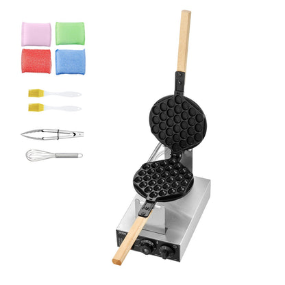 Commercial Bubble Waffle Maker, 1400W Egg Pancake Baker Machine, Non-Stick Stainless Steel Egg Bubble Puff, 180° Rotatable, Temp and Time Control, Wooden Handle, for Restaurant Bakery Snack Bar