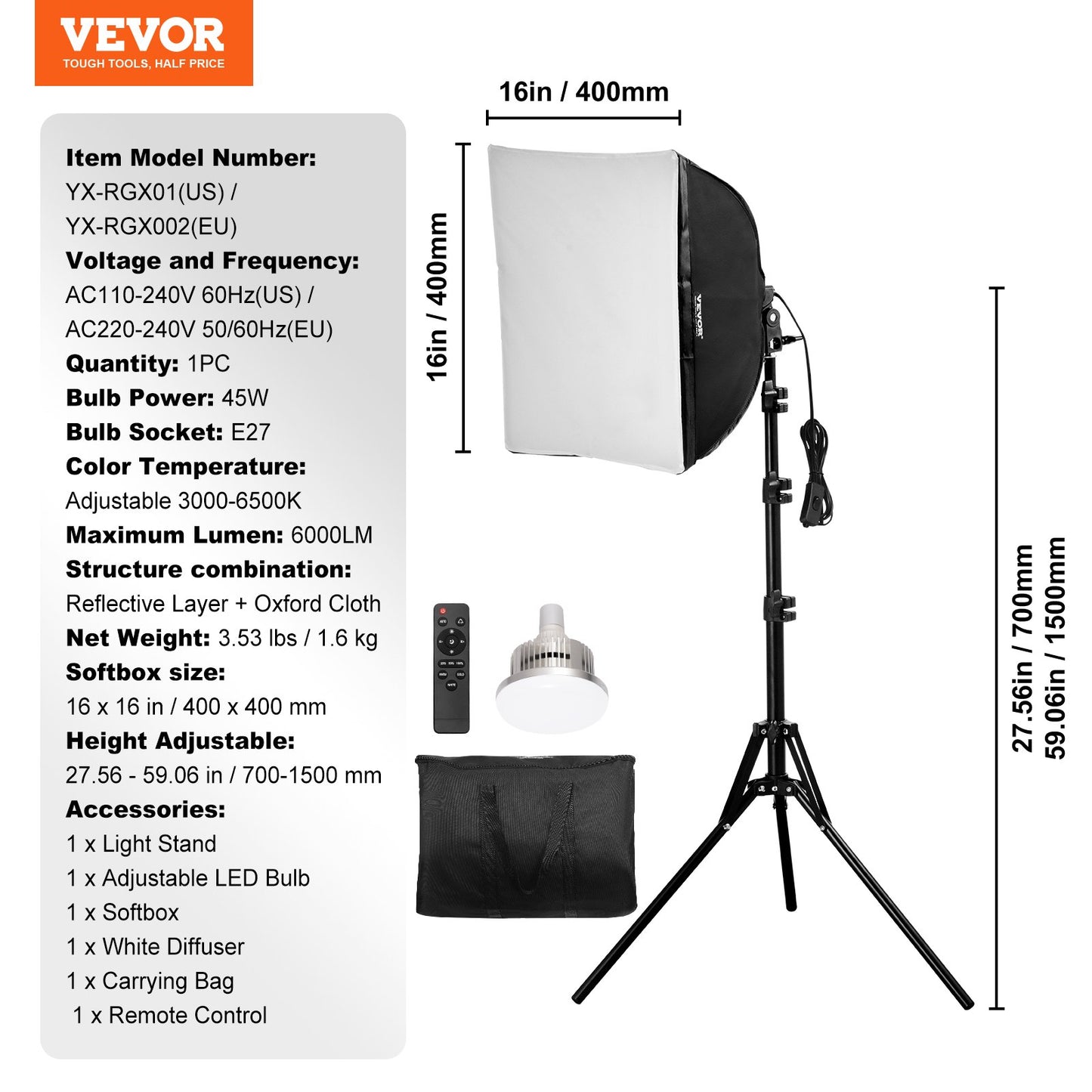 Softbox-Beleuchtungsset, 16 x 16 Zoll, 3000–6500 K, einstellbar für Fotografie