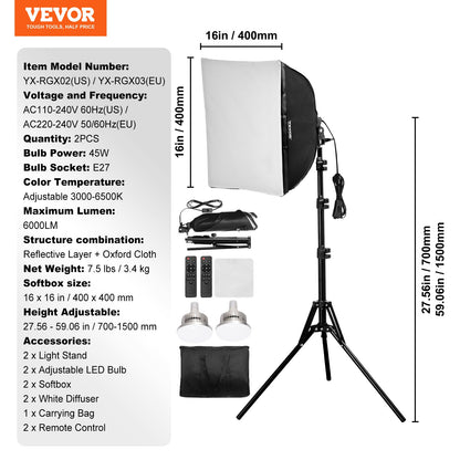 Softbox-Beleuchtungsset, 16 x 16 Zoll, 3000–6500 K, einstellbar für Fotografie