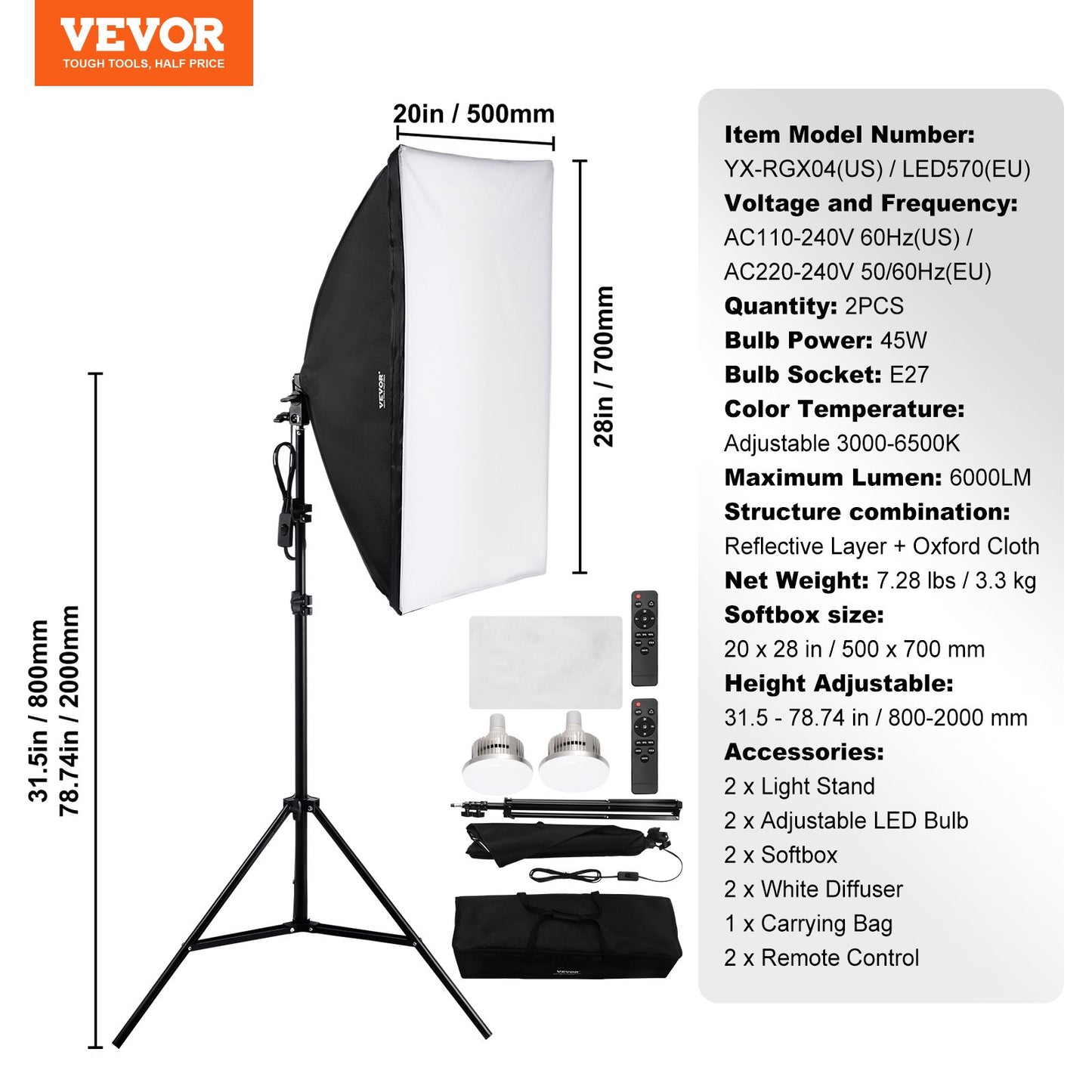 Softbox Lighting Kit 20 tum x 28 tum 45W 3000-6500K LED-lampor för fotografering