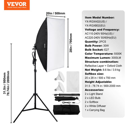 Softbox-Beleuchtungsset 20 Zoll x 28 Zoll 30 W 5500 K LED-Leuchten Verstellbarer Ständer