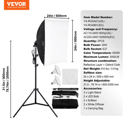 Softbox-Beleuchtungsset 24 x 24 Zoll, 30 W, 5500 K, LED-Leuchten, verstellbarer Ständer