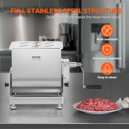 Manual Meat Mixer, 60L Tilt Tank Meat Processing Equipment(Mixing Max 60LBS for Meat), Stainless Steel Meat Mixer, Sausage Mixer Machine with Lid Handle Gear Reducer, Ground Beef Hand Mixer