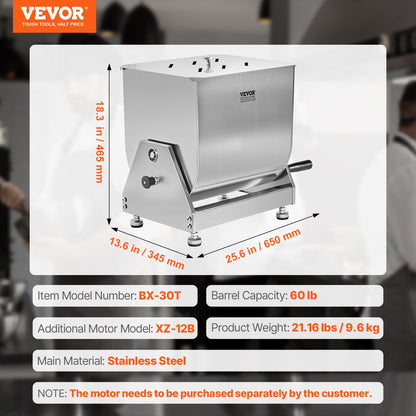 Manual Meat Mixer, 60L Tilt Tank Meat Processing Equipment(Mixing Max 60LBS for Meat), Stainless Steel Meat Mixer, Sausage Mixer Machine with Lid Handle Gear Reducer, Ground Beef Hand Mixer
