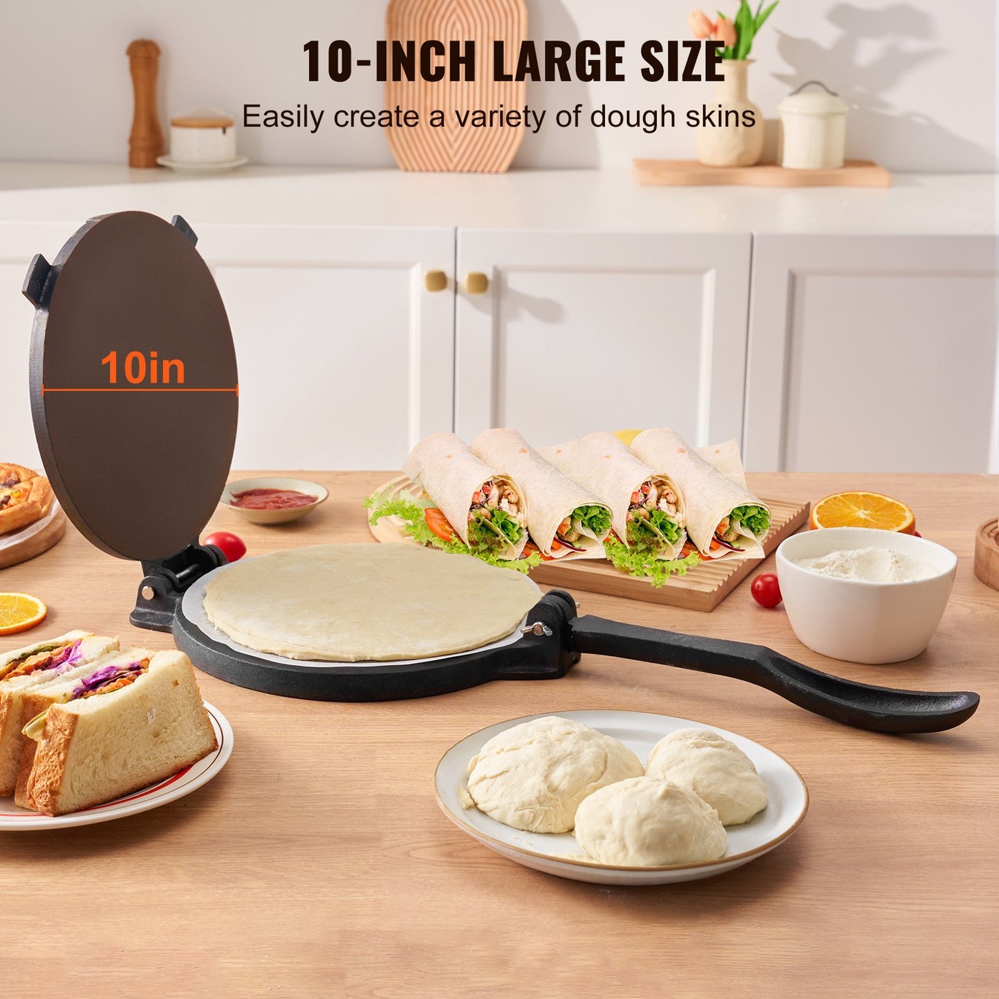 Tortilla Press, 10 Inch Tortilla and Roti Maker, Cast Iron Heavy Duty Tortilladora Press, Pre-Seasoned Pataconera Maker with 100pcs Parchment Paper, Dough Machine for Flour Tortilla, Tawa, Silver