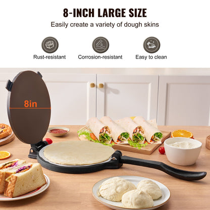 Tortilla Press, 8 Inch Tortilla and Roti Maker, Cast Iron Heavy Duty Tortilladora Press, Pre-Seasoned Pataconera Maker with 100pcs Parchment Paper, Dough Machine for Flour Tortilla, Tawa, Silver