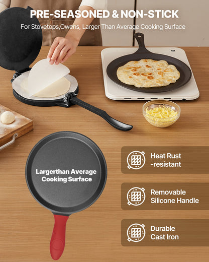Tortilla Press, 10 Inch Cast Iron Tortilla and Roti Maker, Heavy Duty Tortilladora Press, Pataconera Makers with Handle and 100 Pcs Parchment Paper, Dough Taco Press for Flour Tortilla, Tawa