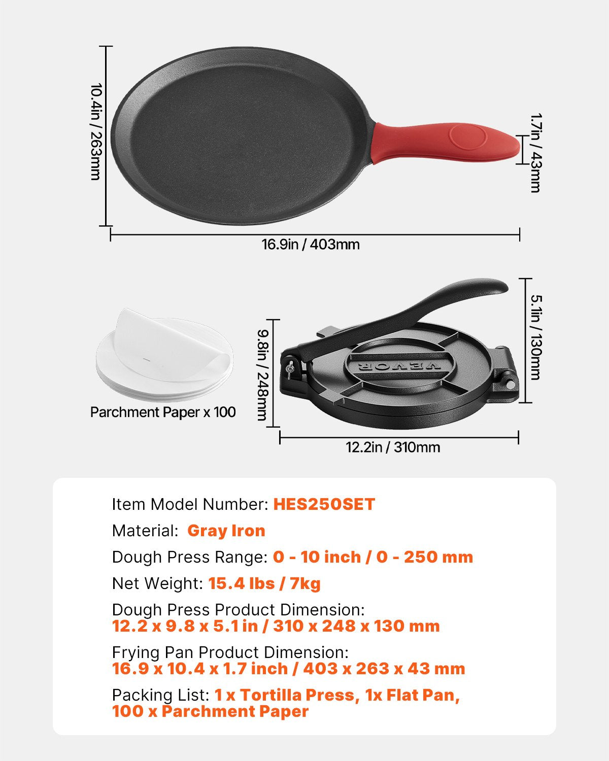 Tortilla Press, 10 Inch Cast Iron Tortilla and Roti Maker, Heavy Duty Tortilladora Press, Pataconera Makers with Handle and 100 Pcs Parchment Paper, Dough Taco Press for Flour Tortilla, Tawa