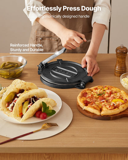 Tortilla Press, 8 Inch Cast Iron Tortilla and Roti Maker, Heavy Duty Tortilladora Press, Pataconera Makers with Handle and 100 Pcs Parchment Paper, Dough Taco Press for Flour Tortilla, Tawa