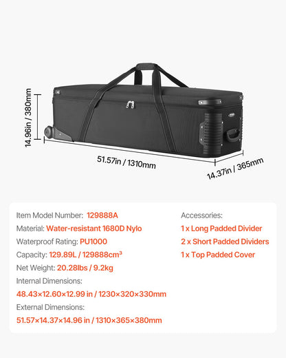 Studio Equipment Trolley Case, 51.57 x 14.37 x 14.96 in / 131 x 36.5 x 38 cm, Rolling Camera Bag, Carrying Bag with Wheels Straps Padded Compartment Handle, for Light Stands, Tripods, Telescopes