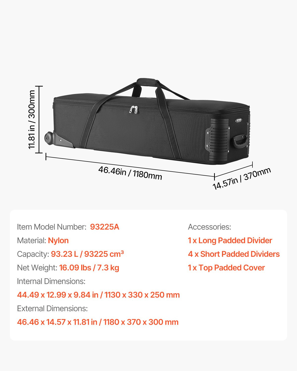 Studio Equipment Trolley Case, 46.46 x 14.57 x 11.81 in / 118 x 37 x 30 cm, Rolling Camera Bag, Carrying Bag with Wheels Straps Padded Compartment Handle, for Light Stands, Tripods, Telescopes
