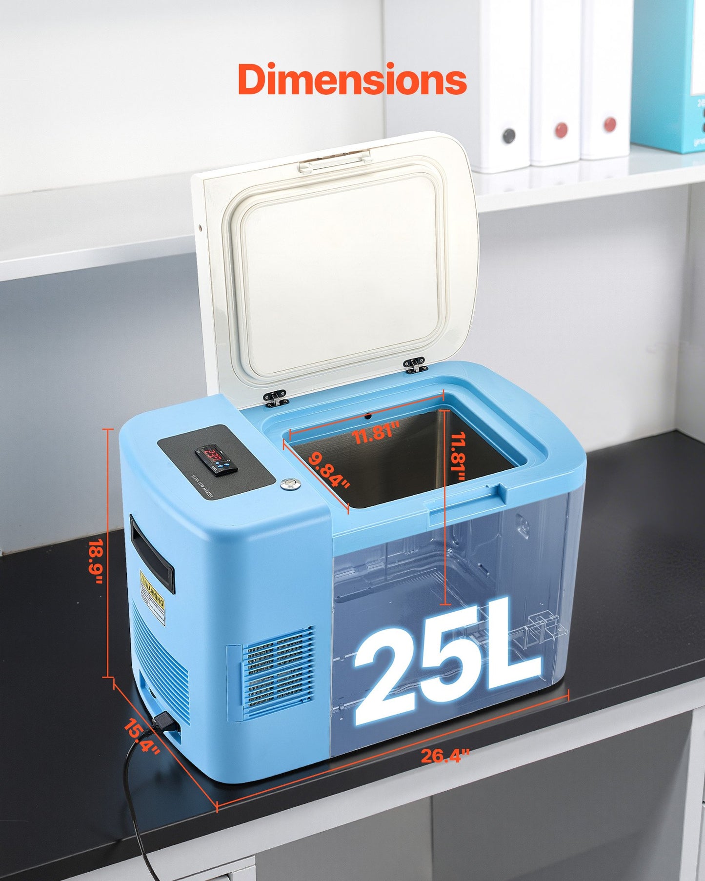 Ultra Low Temperature Freezer, 25 L, −40 ℉ to −123 ℉ Adjustable Temp Range, with Digital Display, 304 Stainless Steel Liner, Portable Low Temperature Lab Freezer for Laboratory Samples Storage