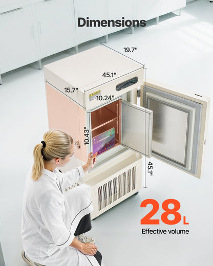 Ultra Low Temperature Freezer, 28 L, −40℉ to −123℉ Adjustable Temp Range, with Rollers and Digital Display, 304 Stainless Steel Liner, Low Temperature Lab Freezer for Laboratory Samples Storage