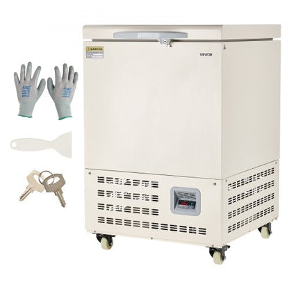Ultra Low Temperature Freezer, 58 L, −40℉ to −123℉ Adjustable Temp Range, with Rollers and Digital Display, 304 Stainless Steel Liner, Low Temperature Lab Freezer for Laboratory Samples Storage