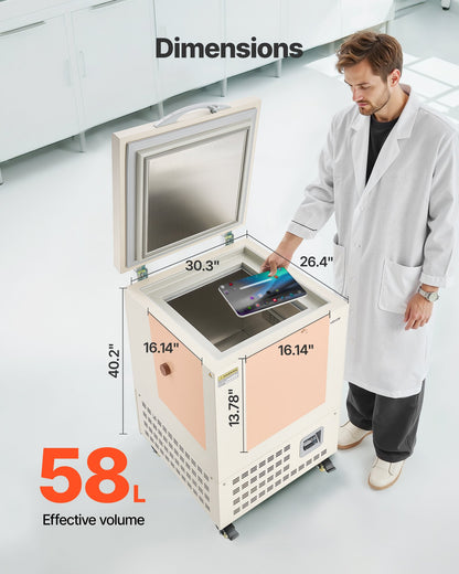 Ultra Low Temperature Freezer, 58 L, −40℉ to −123℉ Adjustable Temp Range, with Rollers and Digital Display, 304 Stainless Steel Liner, Low Temperature Lab Freezer for Laboratory Samples Storage