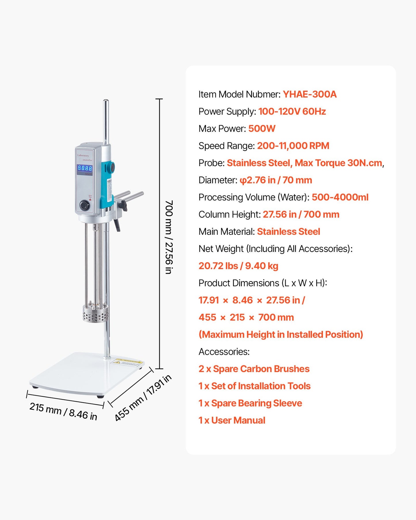 Homogenizer, 500 W Laboratory High Speed Dispersing Homogenizer, 200-11000 RPM High Shear Lab Mixer Emulsification Machine, Digital Display Blender, Stainless Steel, for Cosmetics/Food Industry