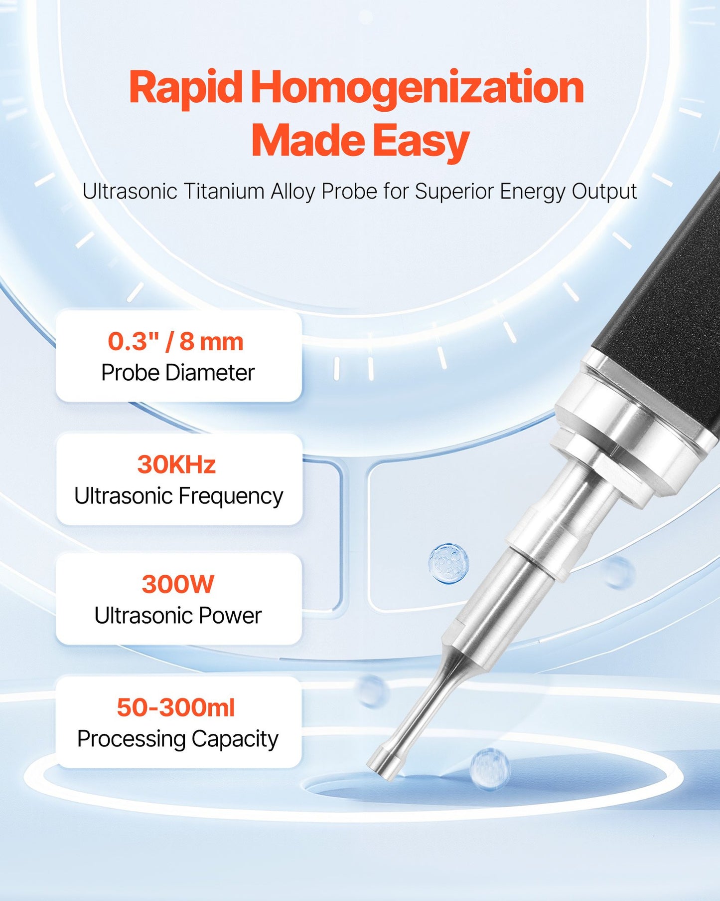 Portable Ultrasonic Homogenizer, 0.3 in Titanium Alloy Probe, 30KHz Ultrasonic Frequency, 50-300ml Capacity, Handheld and Desktop Dual Use, Sonicator Processor Cell Disruptor Mixer with Stand