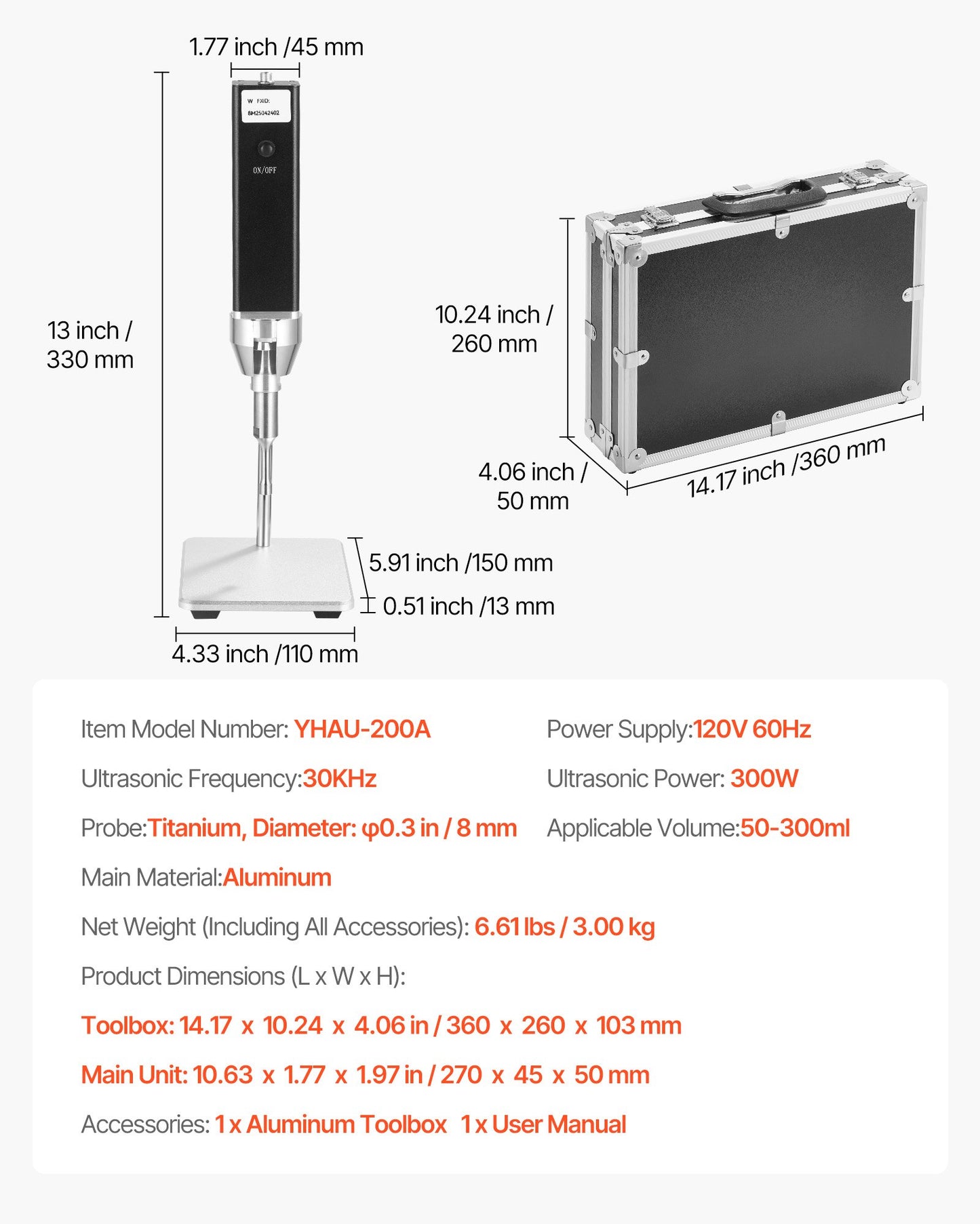 Portable Ultrasonic Homogenizer, 0.3 in Titanium Alloy Probe, 30KHz Ultrasonic Frequency, 50-300ml Capacity, Handheld and Desktop Dual Use, Sonicator Processor Cell Disruptor Mixer with Stand