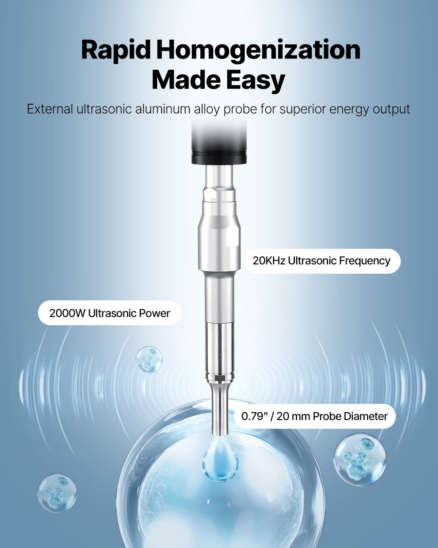 2 in 1 Ultrasonic Homogenizer, 2000W Power, 20KHz Frequency, 0.79 inch Titanium Alloy Probe, Continuous, Timer and Pulse Three Modes, Noise Reduction, Sonicator Processor Cell Disruptor Mixer