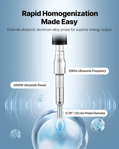 2 in 1 Ultrasonic Homogenizer, 2000W Power, 20KHz Frequency, 0.79 inch Titanium Alloy Probe, Continuous, Timer and Pulse Three Modes, Noise Reduction, Sonicator Processor Cell Disruptor Mixer