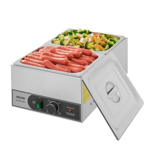 Commercial Food Warmer, 1200W Electric Stainless Steel Steam Food Warmer, Fast Heating Countertop Buffet Bain Marie with Two 1/2 Size Food Pans, for Catering, Restaurants, Parties & Buffets
