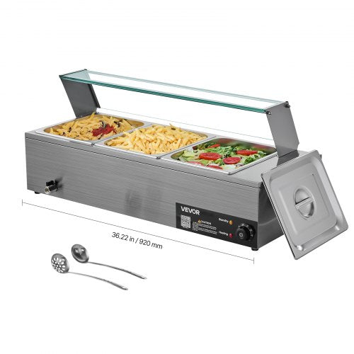 Commercial Food Warmer, 1500W Electric Stainless Steel Steam Food Warmer with Glass Cover, 3-Pan Countertop Buffet Bain Marie with Soup & Perforated Ladles, for Catering, Restaurant & Party