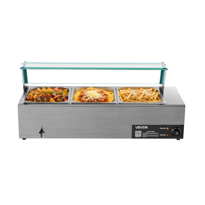 Commercial Food Warmer, 1500W Electric Stainless Steel Steam Food Warmer with Glass Cover, 3-Pan Countertop Buffet Bain Marie with Soup & Perforated Ladles, for Catering, Restaurant & Party