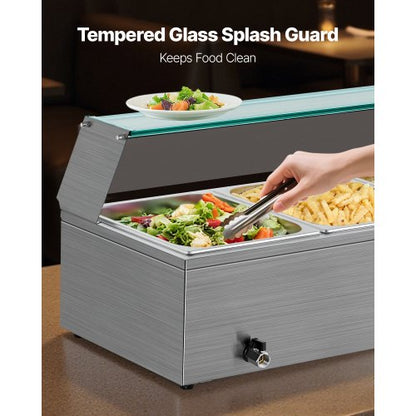 Commercial Food Warmer with 3 Pans, 1500W, Buffet Water Heater with Glass Lid | EU