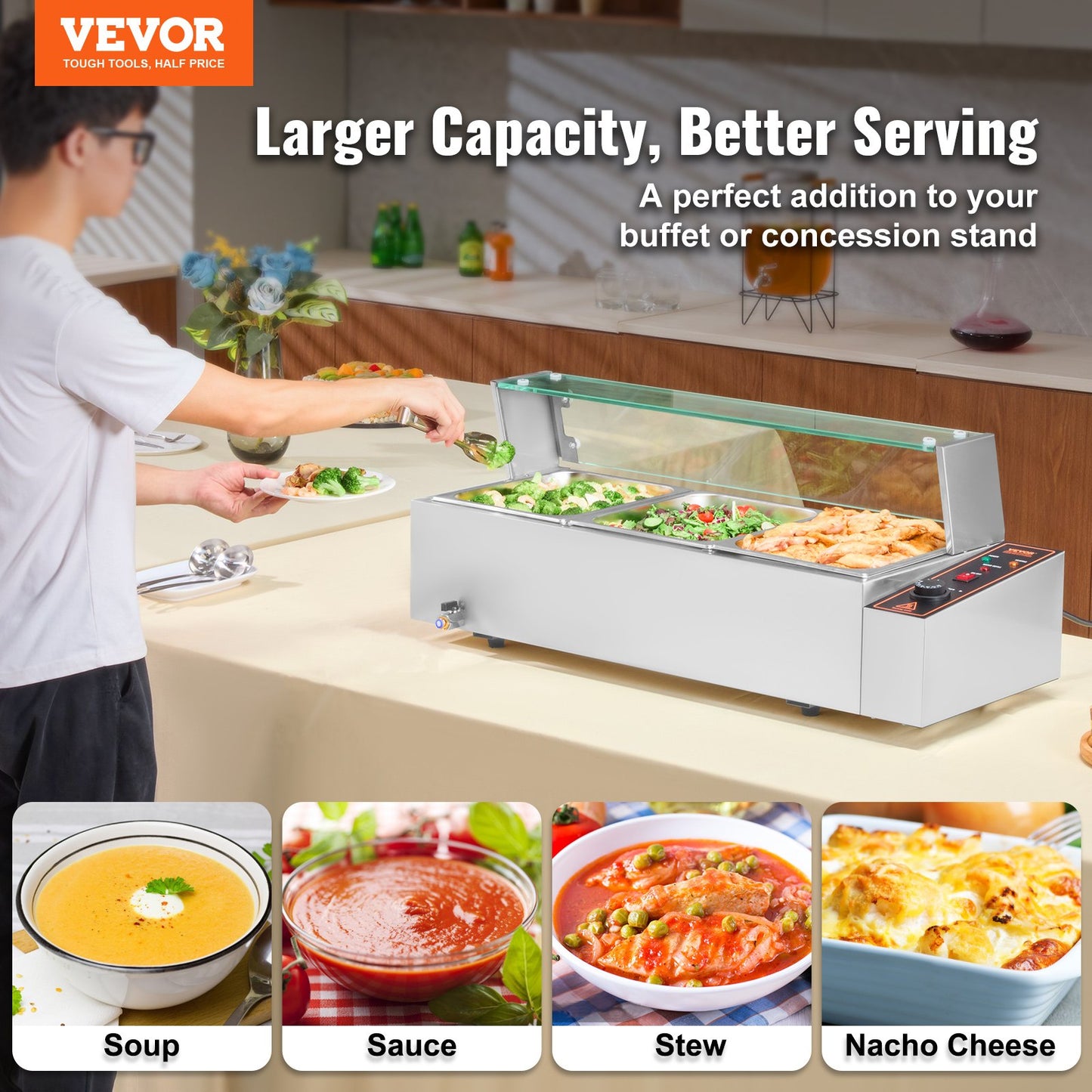 Commercial Electric Food Warmer Countertop Buffet 3*8Qt with Glass Shield