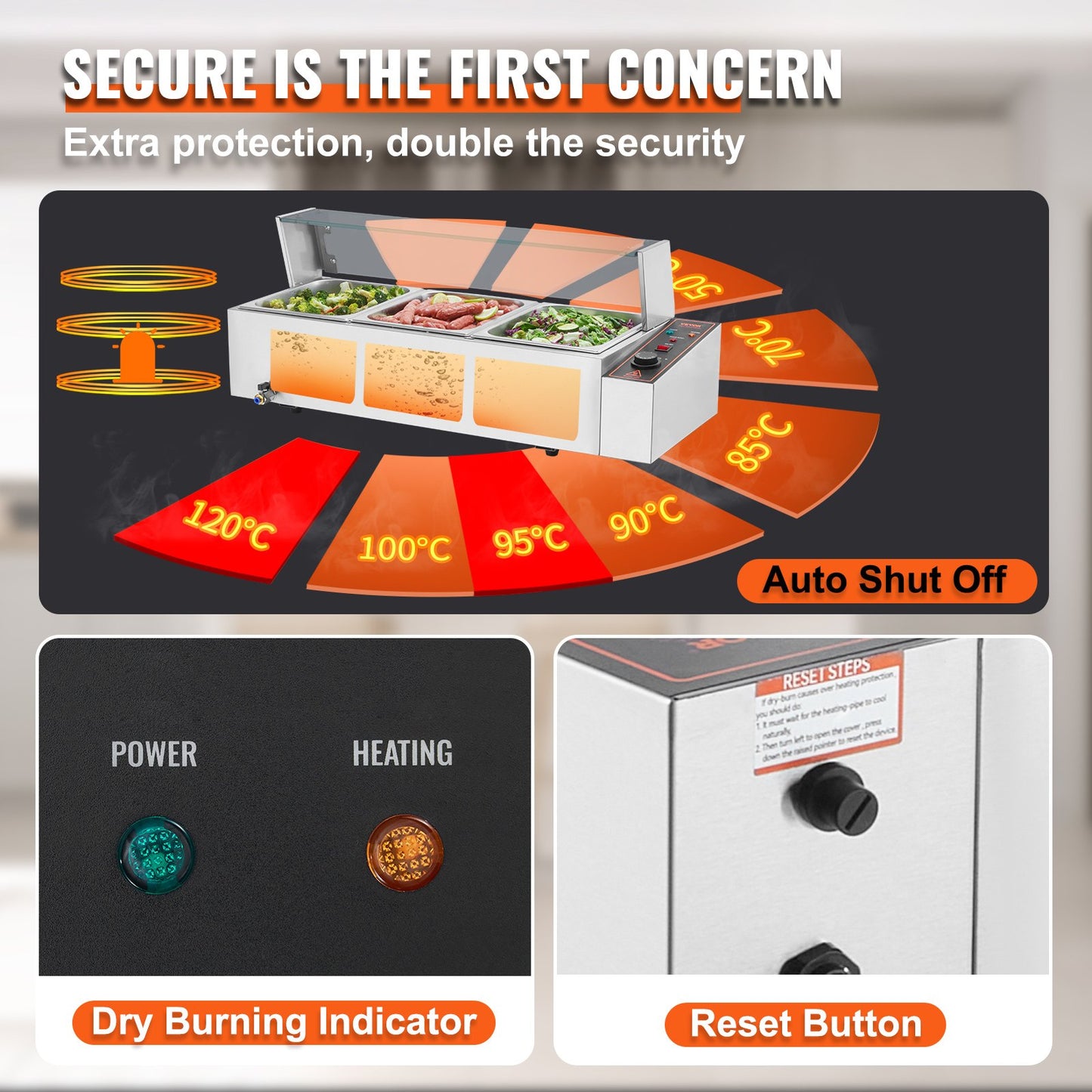 Commercial Electric Food Warmer Countertop Buffet 3*8Qt with Glass Shield