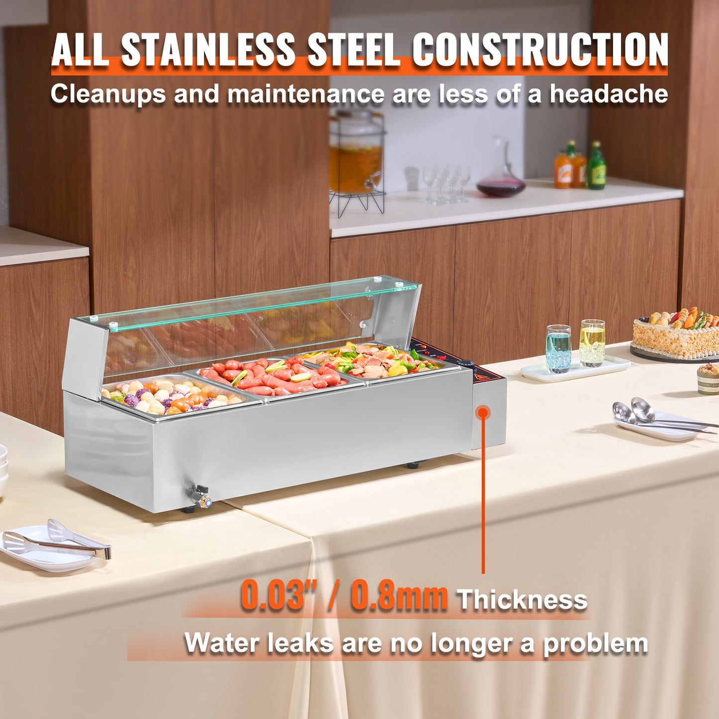 Commercial Electric Food Warmer Countertop Buffet 3*8Qt with Glass Shield
