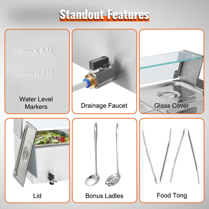 Commercial Electric Food Warmer Countertop Buffet 3*8Qt with Glass Shield