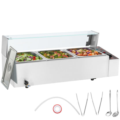 Commercial Electric Food Warmer Countertop Buffet 3*8Qt with Glass Shield