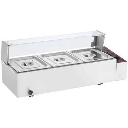 Commercial Electric Food Warmer Countertop Buffet 3*8Qt with Glass Shield