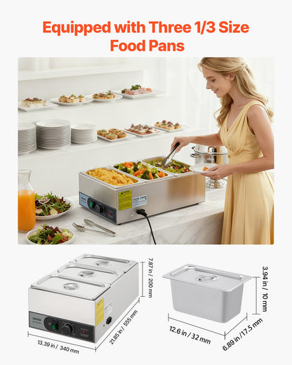 Commercial Food Warmer, 1200W Electric Stainless Steel Steam Food Warmer, Fast Heating Countertop Buffet Bain Marie with Three 1/3 Size Food Pans, for Catering, Restaurants, Parties & Buffets