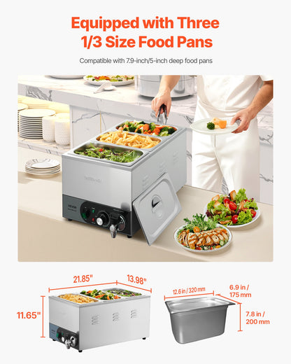Commercial Food Warmer, 1200W Electric Stainless Steel Steam Food Warmer, Fast Heating Countertop Buffet Bain Marie with Detachable Power Cord, for Catering, Restaurants, Parties & Buffets