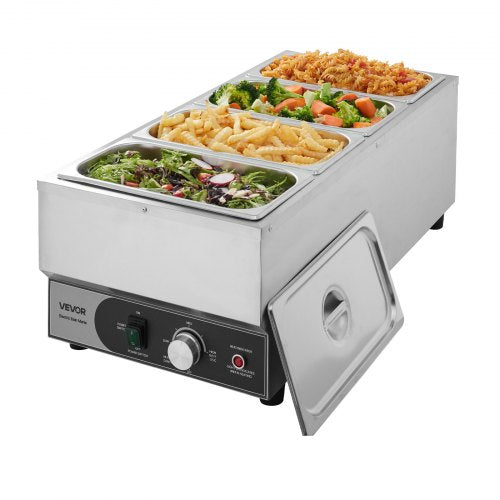 Commercial Food Warmer, 1500W Electric Stainless Steel Steam Food Warmer, Fast Heating Countertop Buffet Bain Marie with Four 1/3 Size Food Pans, for Catering, Restaurants, Parties & Buffets